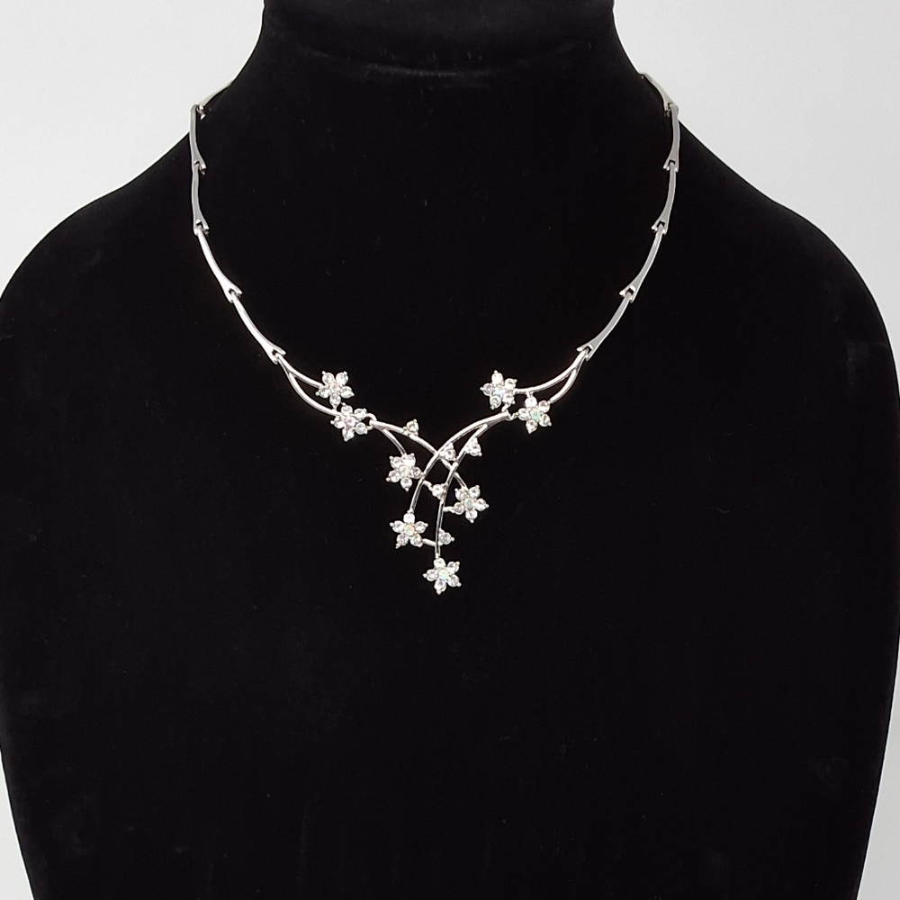Vintage MCM Floral AB Crystal Rhinestone Statement Necklace